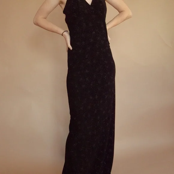 90s Starburst Glitter Halter Evening Gown - Picture 3 of 16